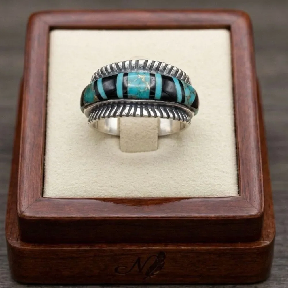 Southwestern Sterling Silver Turquoise & Black Onyx Inlay Band Ring New